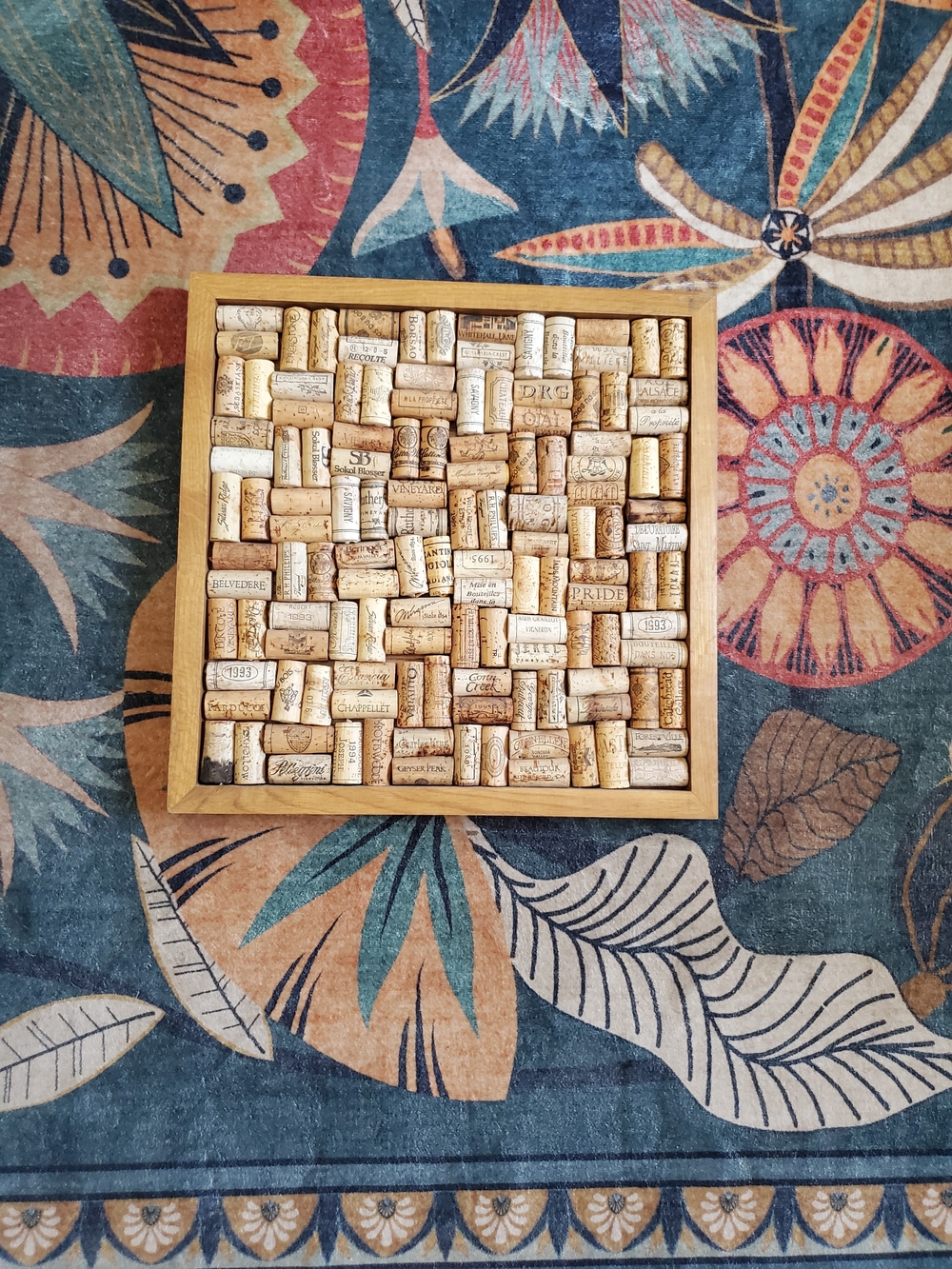 Wine Cork Mosaic Wall Art in Natural Wood Frame